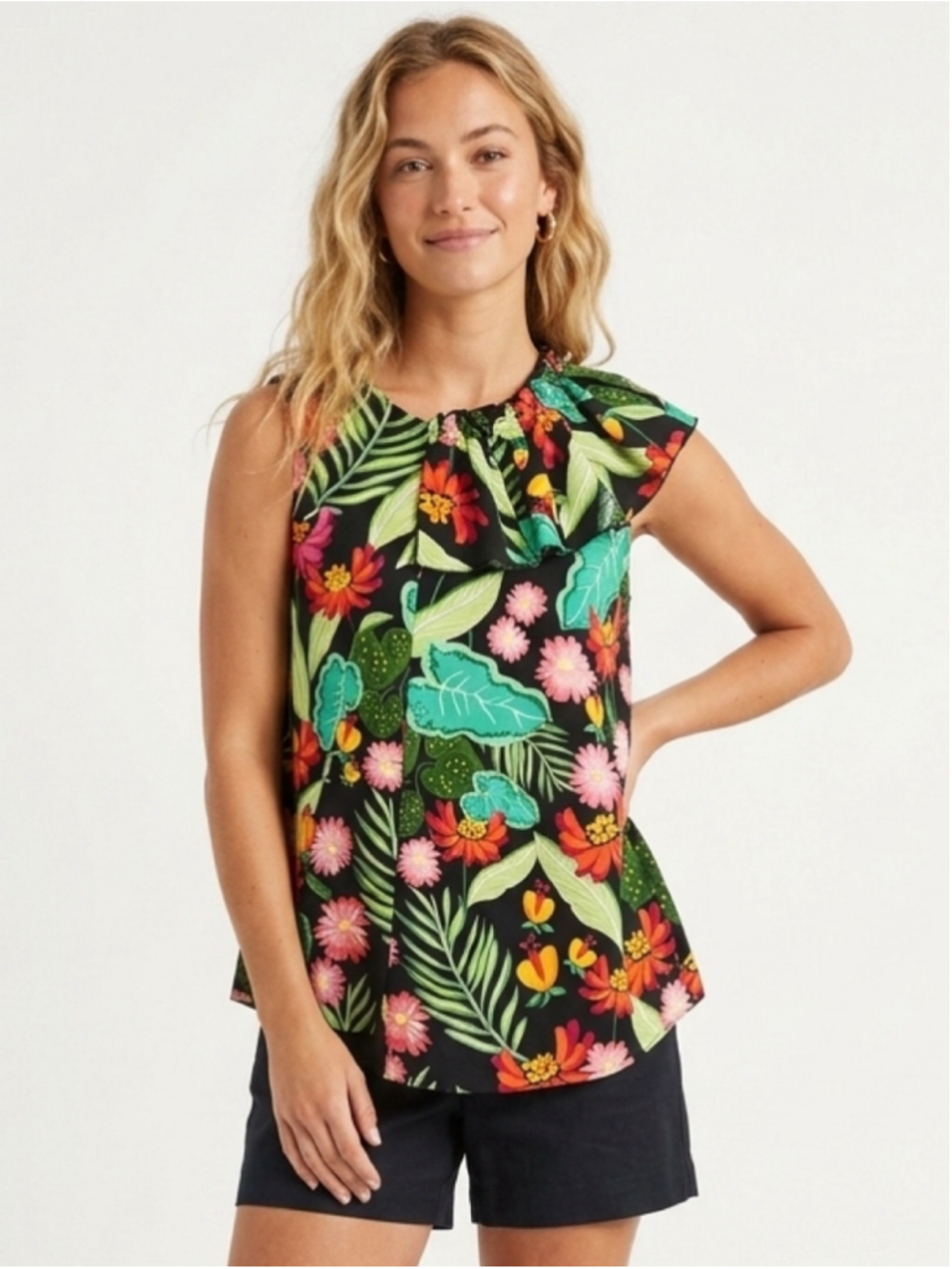 ChePè Italy Women’s Tropical Floral Ruffle One-Shoulder Cotton Top Small - 929